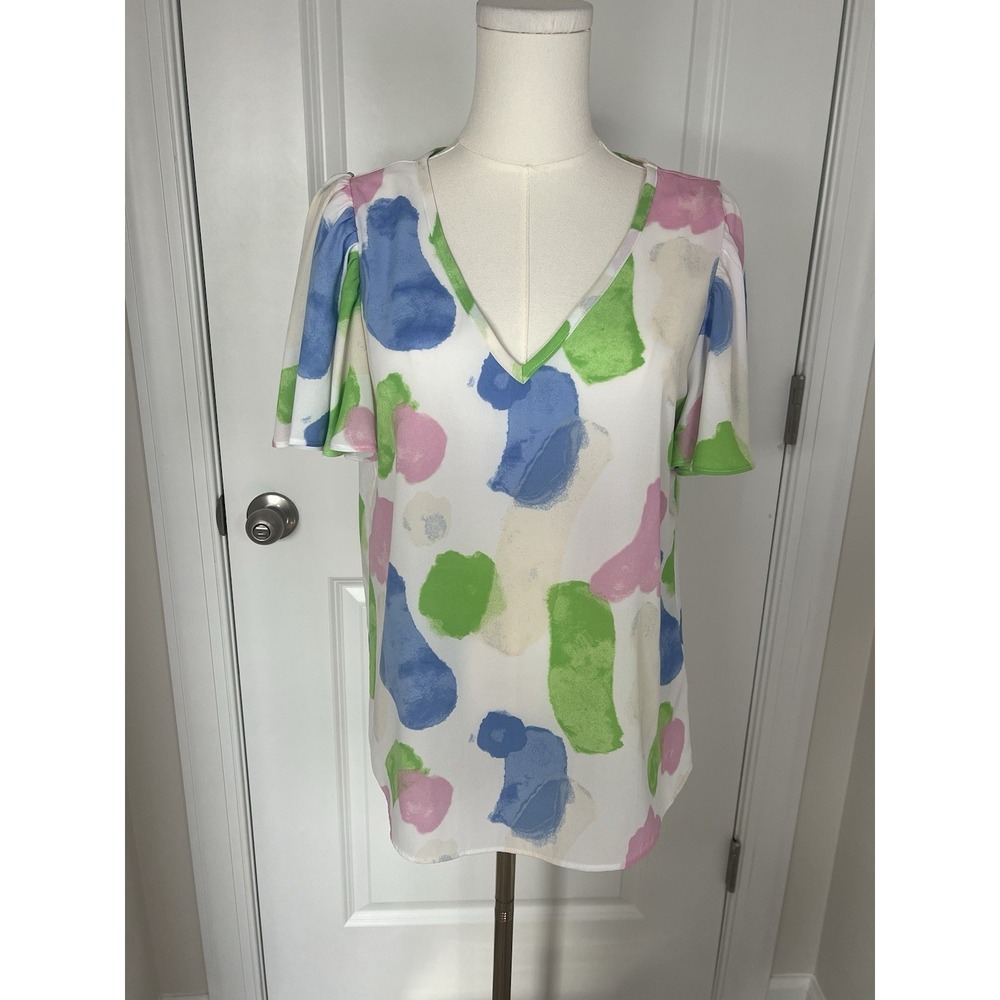 Women's Multicolor Watercolor‎ Abstract Blouse Size Medium Office Workwear